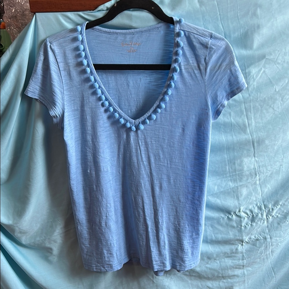 Lilly Pulitzer Blue Ribbed Embellished Short Sleeve Tee size xsmall